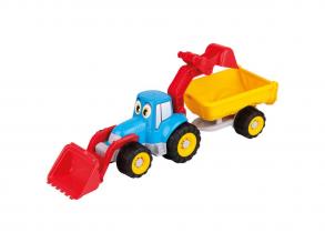 Traktor markolóval és utánfutóval