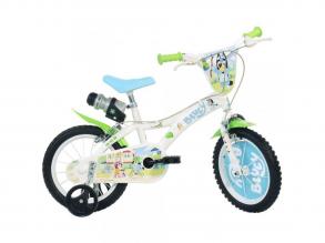 Bluey 14 gyerek bicikli kulacstartóval és oldalkerekekkel fehér-kék-zöld színben  Dino Bikes kerékpár