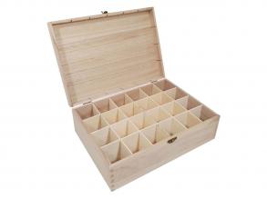 24 rekeszes, fedeles fadoboz, 27,5 x 18,5 x 6,5 cm