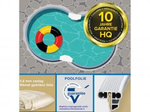 Acélfalú nyolcas alakú Poolsana HQ magas minőségű 5,25 x 3,2 x 1,2 méteres medence homok színű 0,8 mm-es fóliával aluminium akasztós szegéllyel