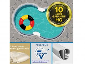 Acélfalú nyolcas alakú Poolsana HQ magas minőségű 4,7 x 3,0 x 1,2 méteres medence homok színű 0,8 mm-es fóliával szürke műanyag akasztós szegéllyel