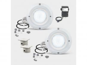 2 darabos POOLSANA PROFI medence spotlámpa szett 20 W-os fehér LED izzókkal + transzformátorral + kábeldobozokkal